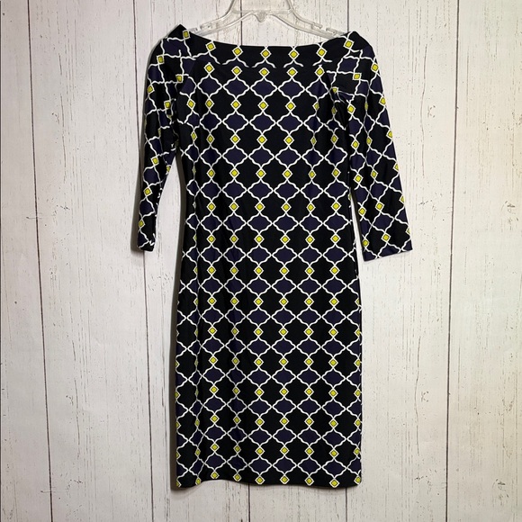 Jude Connally Black Navy Geometric Print Off the Shoulder Long Sleeve Dress XS - Picture 1 of 4